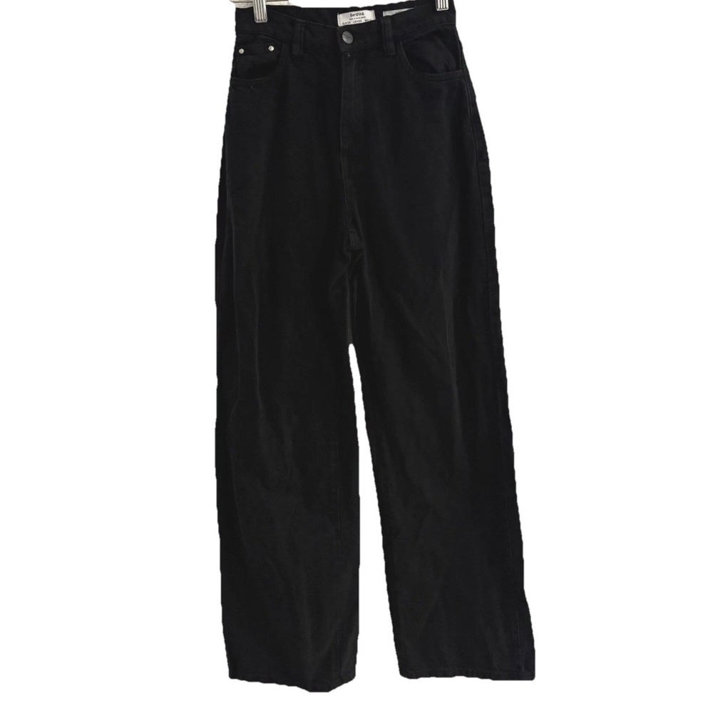 Bershka Womens Jeans Size 02 Wide Leg High Rise Black Denim‎ Hip Style